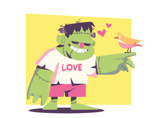 Vector illustration of monster wearing pink shorts and white shirt with LOVE text written on it, holding his hand out to birds that he is smiling. Cute and cheerful monster