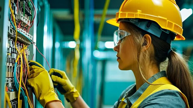A young Caucasian female technician, clad in a yellow vest and hard hat, configures cables in a data center cabinet at night. The scene exudes a focus on technology and professionalism in a modern