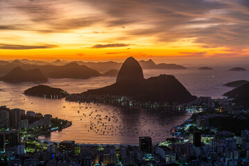 Panoramic view of the sunrise in Guanabara Bay and Sugarloaf Mountain