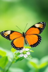 Naklejka premium Vibrant orange butterfly perched on a white flower against a blurred green background