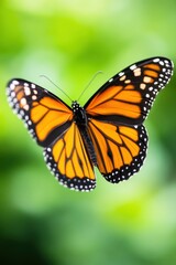 Fototapeta premium Vibrant orange butterfly with black and white markings resting on a blurred green background