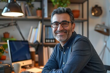 Obraz premium Portrait of a successful entrepreneur at cozy home office smiling at camera.