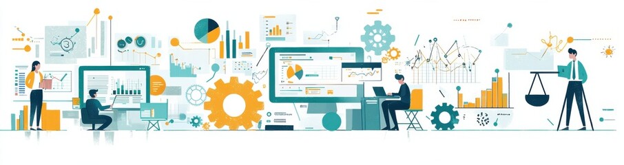 Illustration of a team collaborating on business data analysis and charts