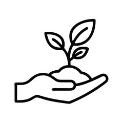 Outline Icon of Hand Holding Plant, Minimalist black outline icon of a hand holding a young plant, symbolizing growth, nurturing, and environmental responsibility, ideal for eco-friendly themes.
