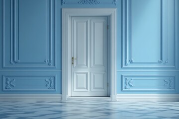 Elegant Blue Room with White Door and Ornate Molding