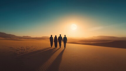 Obraz premium Explorers Walking at Sunset in Majestic Desert Landscape. Generative ai