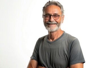 Obraz premium Portrait of smiling mature man standing on white background.