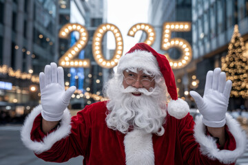 Festive Santa Claus Greeting the Arrival of 2025 in the City