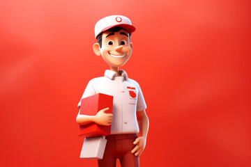 A cheerful delivery man in a red uniform, carrying a package and standing next to a cartoon-style courier van. The driver is smiling and ready to deliver, vibrant and friendly illustration style