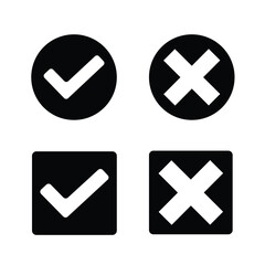 Black white check mark. Black white cross mark icon set. Round check and cross mark icon. Square Check and cross mark icon.