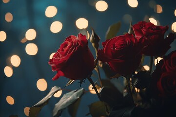 Beautiful red roses illuminated by twinkling fairy lights during an evening gathering in a cozy outdoor setting