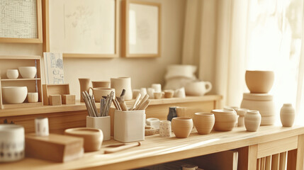 Cozy ceramic workshop with handmade pottery and art supplies