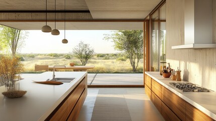 Fototapeta premium Modern Kitchen with Open-Concept Design and a View of a Grassy Field