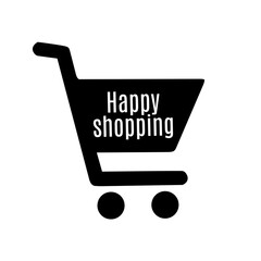 Illustration of a black shopping cart design with the words "happy shopping" in white