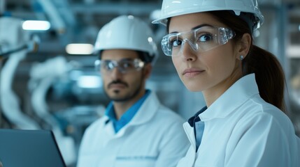 Engineers in safety helmets and goggles working in industrial facility. Technology and manufacturing concept