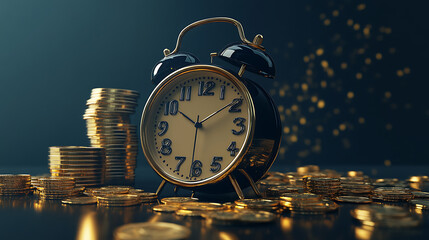 3d alarm clock and gold coins in a realistic style, money investment concept, loans, income and financial savings, fast money, 3d rendering
