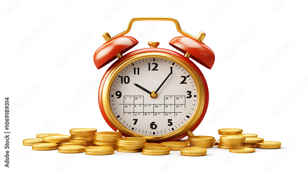 Poster 3d calendar and alarm clock with gold coins around, the concept of a reminder of timely payment for 