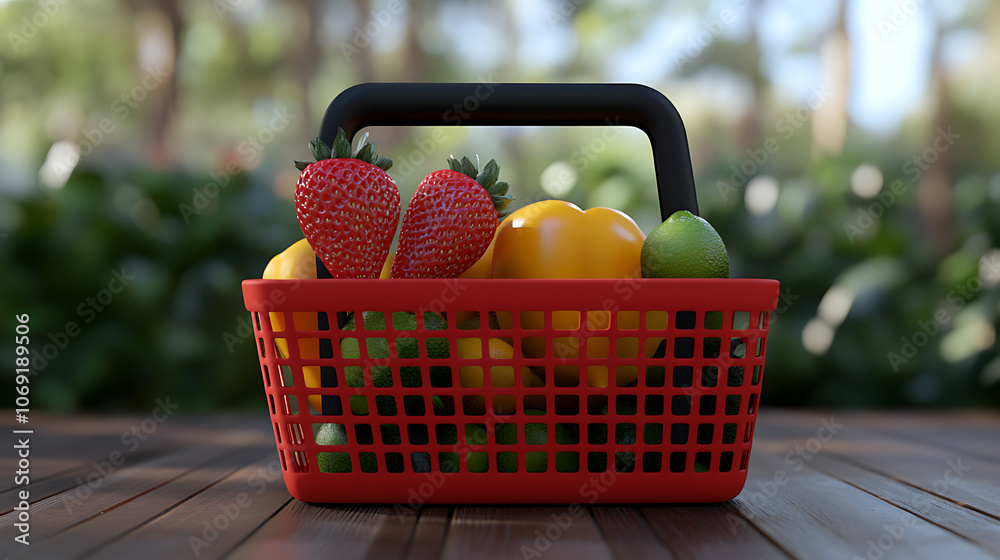 Poster 3d food basket, red basket with a black handle for shopping in a realistic style, shopping and sales