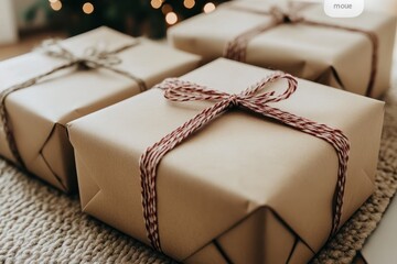 Neatly wrapped packages tied with string on a textured surface ready for gifting during the holiday...