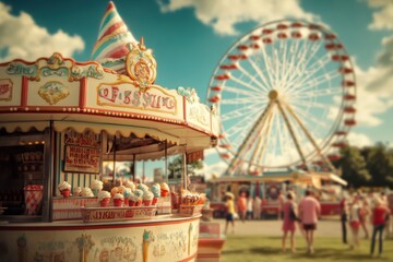 A festive carnival with a vintage ice cream stand, ferris wheel in the background, and people enjoying ice cream treats