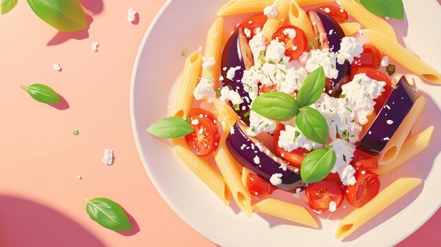 Penne pasta salad featuring eggplant and fresh tomato sauce topped with grated ricotta salata vibrant close up on a pink and beige table surface