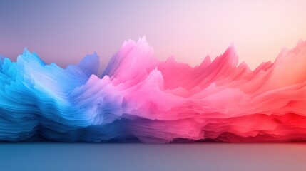 Abstract mountain-like shapes in pink, blue, and purple tones. Textured landscape with layered peaks