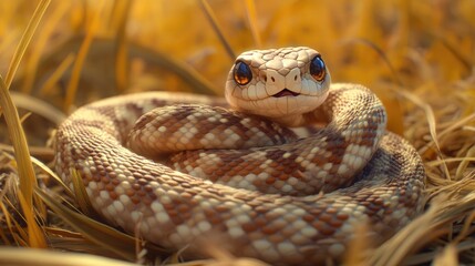 Naklejka premium Coiled young Gopher Snake nestled in dry grass puffing its cheeks and preparing to hunt