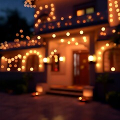 A house decorated with Diwali lights shows off the festive illumination at the entrance with bokeh effect against a blurred background during the evening celebration.