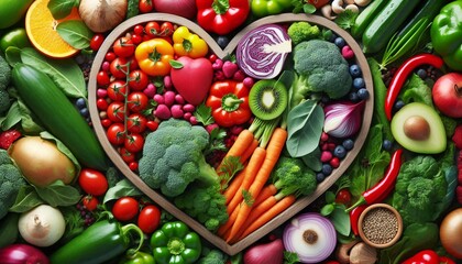 organic and fresh vegetables in heart shape on background. vegan or vegetarian concept. healty foods.