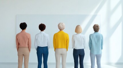 Group of diverse people standing in a row with backs facing camera against a light background. Studio group portrait