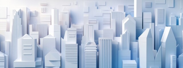 Fototapeta premium Futuristic cityscape, cut-out geometric buildings, paper-style design, vibrant urban environment, imaginative architecture, dynamic skyline