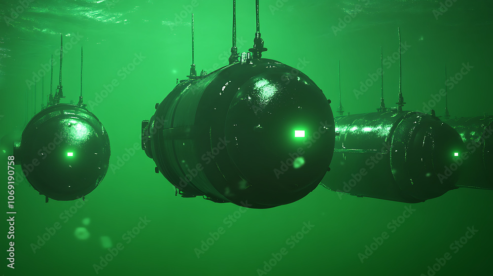 Poster 3d rendering on the green screen , naval underwater mines, explosive bombs floating