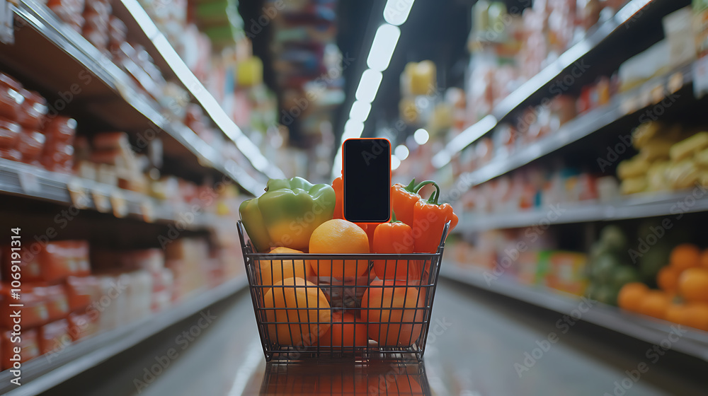 Poster A message or notification for regular customers on the mobile phone screen about discounts on products in the supermarket, basket with a set of products