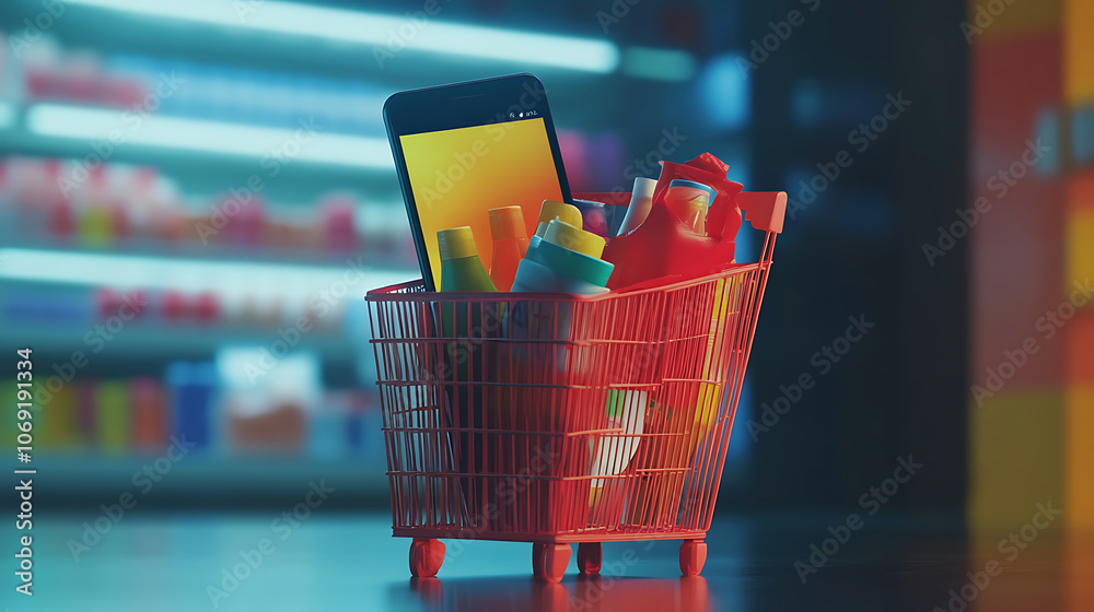 Poster A message or notification for regular customers on the mobile phone screen about discounts on products in the supermarket, basket with a set of products