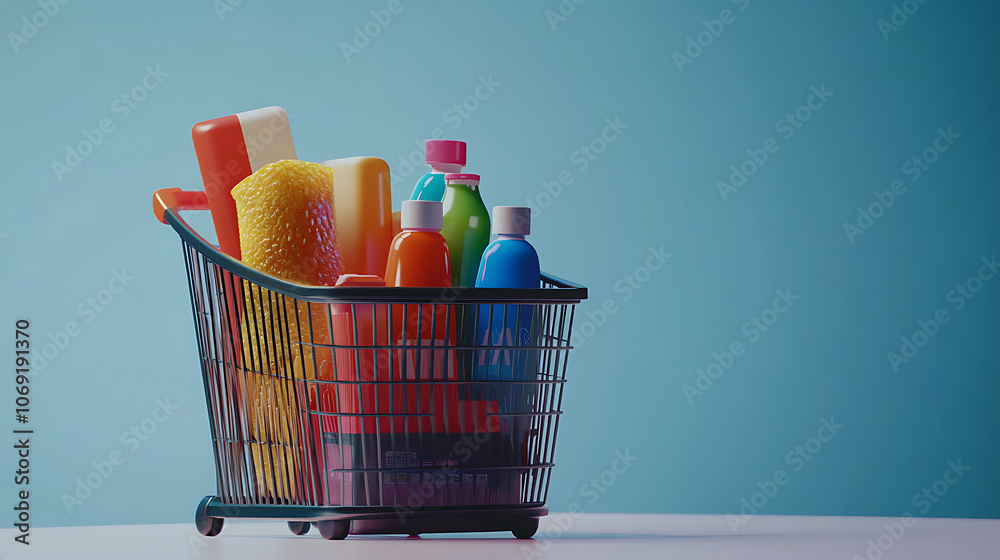 Poster A message or notification for regular customers on the mobile phone screen about discounts on products in the supermarket, basket with a set of products