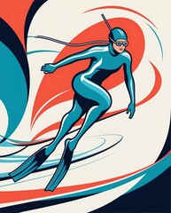 Dynamic Vintage Illustration of a Diver Swimming in Vibrant Ocean Waves