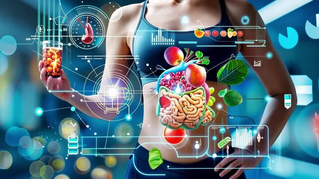 Digital visualization of a woman's digestive system with nutrition and health data, representing wellness, fitness, and medical technology. 4K video