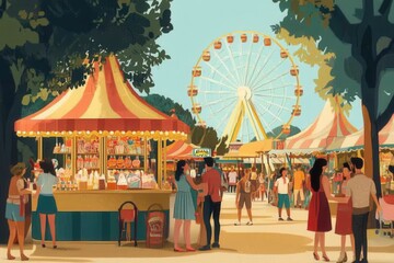 A festive carnival with a vintage ice cream stand, ferris wheel in the background, and people enjoying ice cream treats