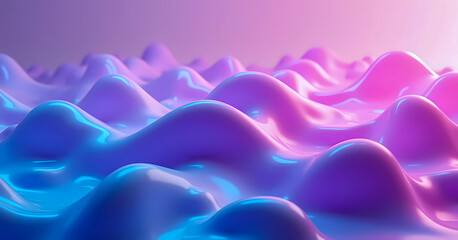 Obraz premium A smooth, glossy surface of soft, rolling waves in a blend of pink, purple, and blue hues, creating a surreal, fluid-like landscape with a subtle, glowing effect.