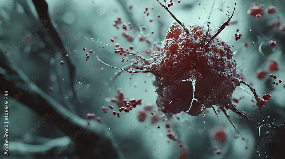 Poster animation of a damaged and disintegrating cancer cell