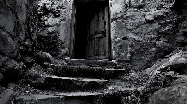 At the foot of the ancient stone steps, a dark, unsettling basement door is open