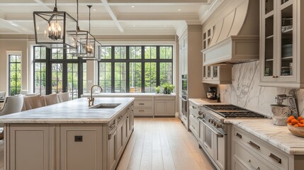 Modern Kitchen Interior with Marble Countertops and Large Windows