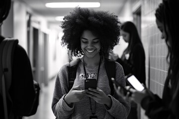 Students engaging with smartphones in a school hallway during afternoon break