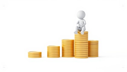 3D minimalist white stick figure character on coin stack for financial growth and investment visuals with copy space