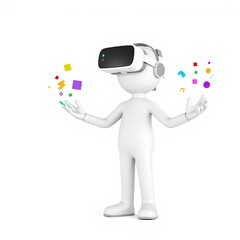 3D Stick Figure Character in VR Goggles Interacting with Virtual Elements for Digital Media Content with Copy Space