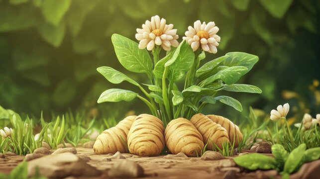 Herb shaped arrowroot plant with edible tubers commonly cultivated in rural yards as a vital food source during famine seasons