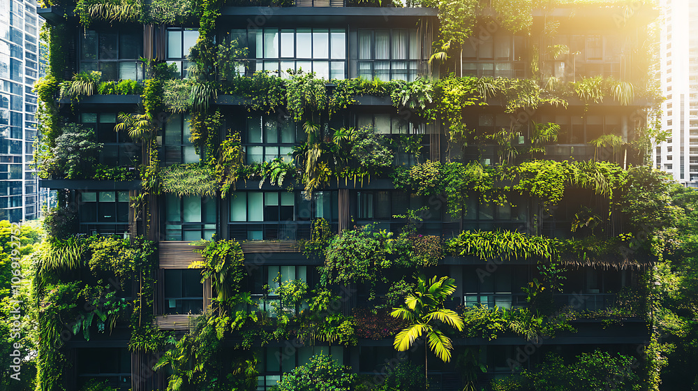 Poster biophilic architecture design with lush vegetation and greenery, building providing connection to na