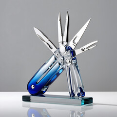 Glass Sculpture of Multitool with Intricate Details, Gradient from Blue to Silver, Modern and Elegant Design, Generative AI