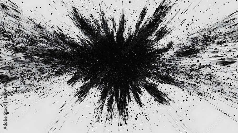 Poster black particles explosion isolated on white background, abstract dust overlay texture