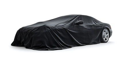 Car covered with a black cloth isolated on a white background